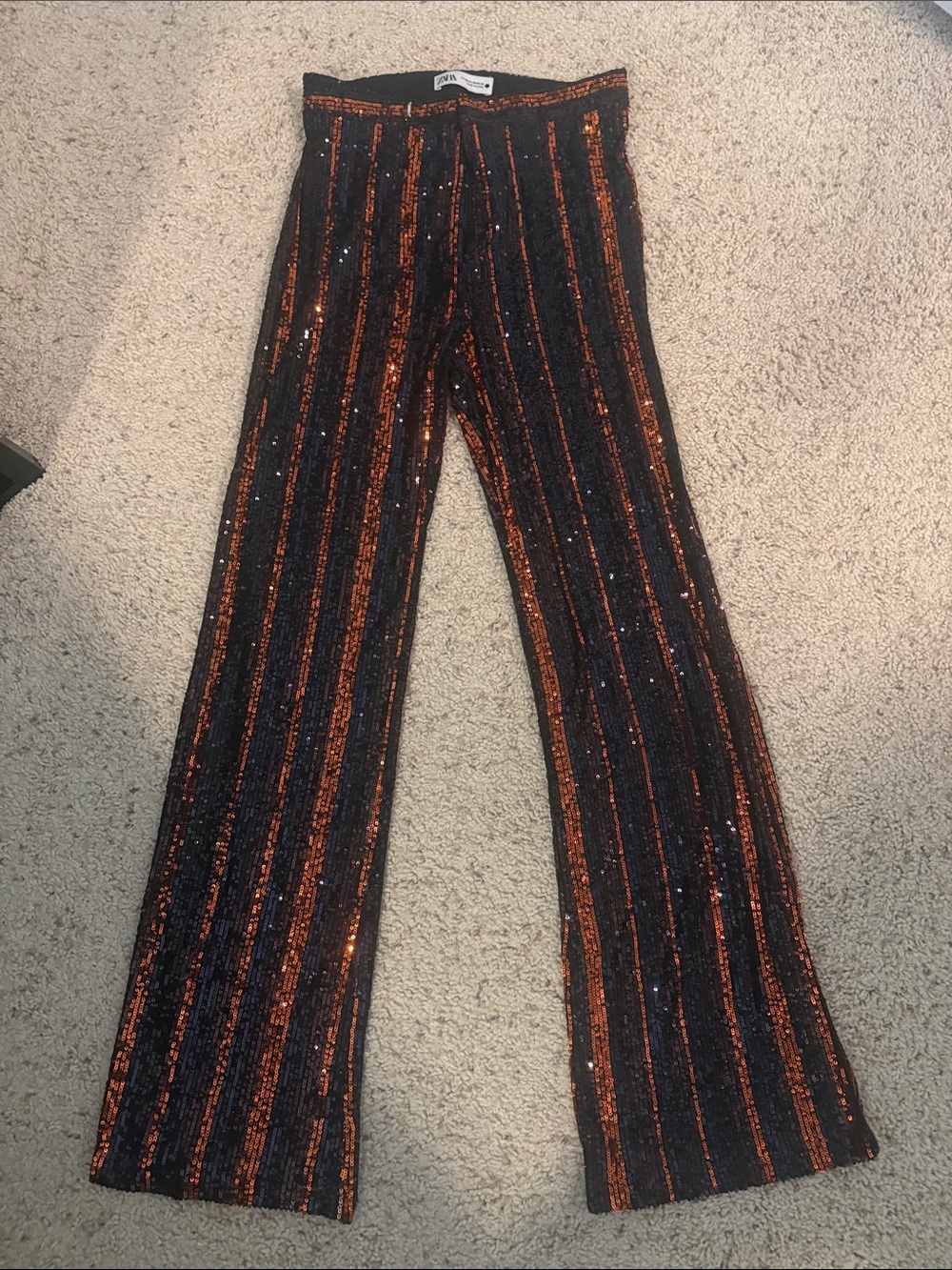 Zara Black Pants with Metallic Orange Stripes